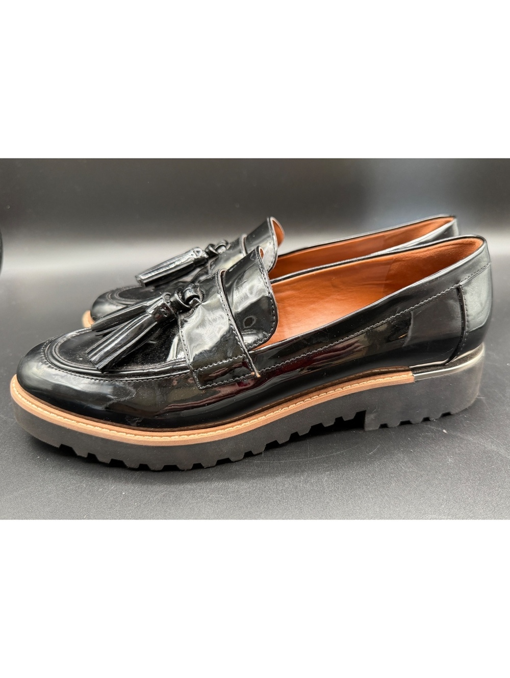 Franco Sarto Carolynn tassel loafers women’s 9 black patent leather lug sole